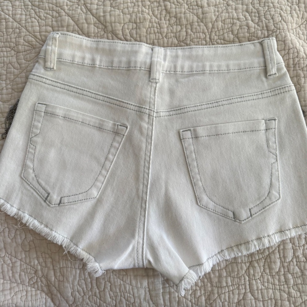 ChiQle White Denim Shorts S Y2K Chain Fringe Distressed Festival Western